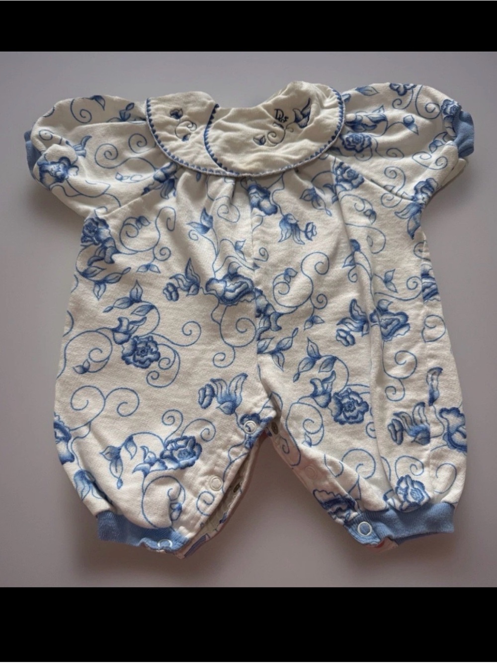 Baby Dior Romper 3M Blue Toile Floral Embroidered Collar Vintage USA